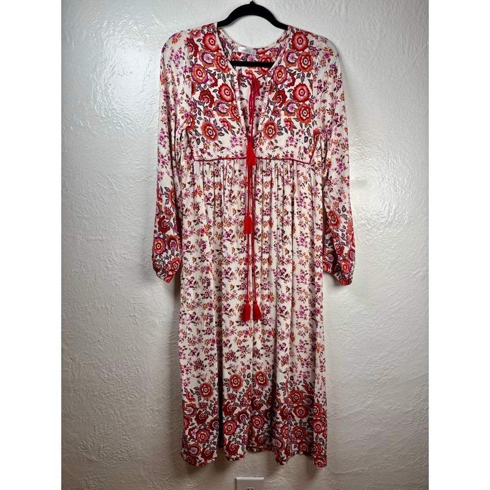 R.Vivimos Floral Long Dress Small Red Boho Tassel‎ Long Sleeve Modest Resortwear